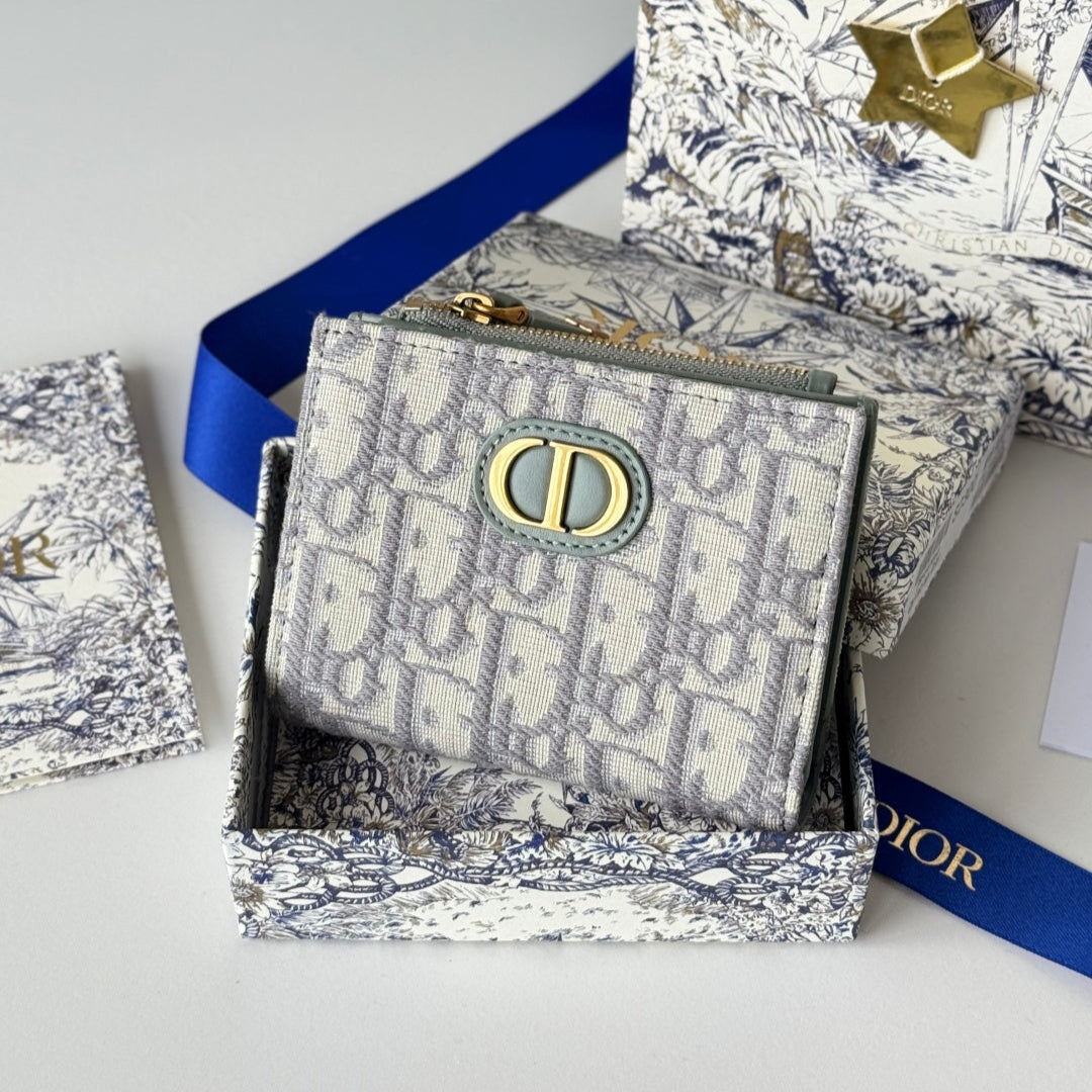 DIOR 25S 30 MONTAIGNE DAHLIA WALLET 11 IN GRAY DIOR OBLIQUE JACQUARD