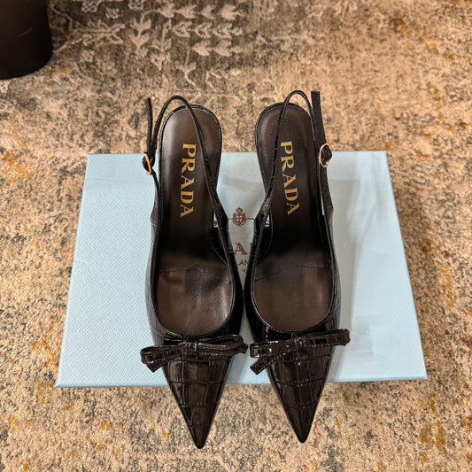 PRADA 25S SLINGBACK HIGH HEELS 75 MM IN BLACK EMBOSSED COWHIDE