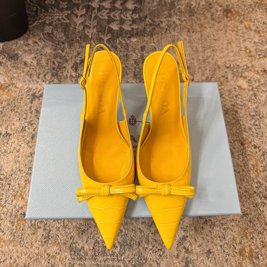 PRADA 25S SLINGBACK HIGH HEELS 75 MM IN YELLOW EMBOSSED COWHIDE