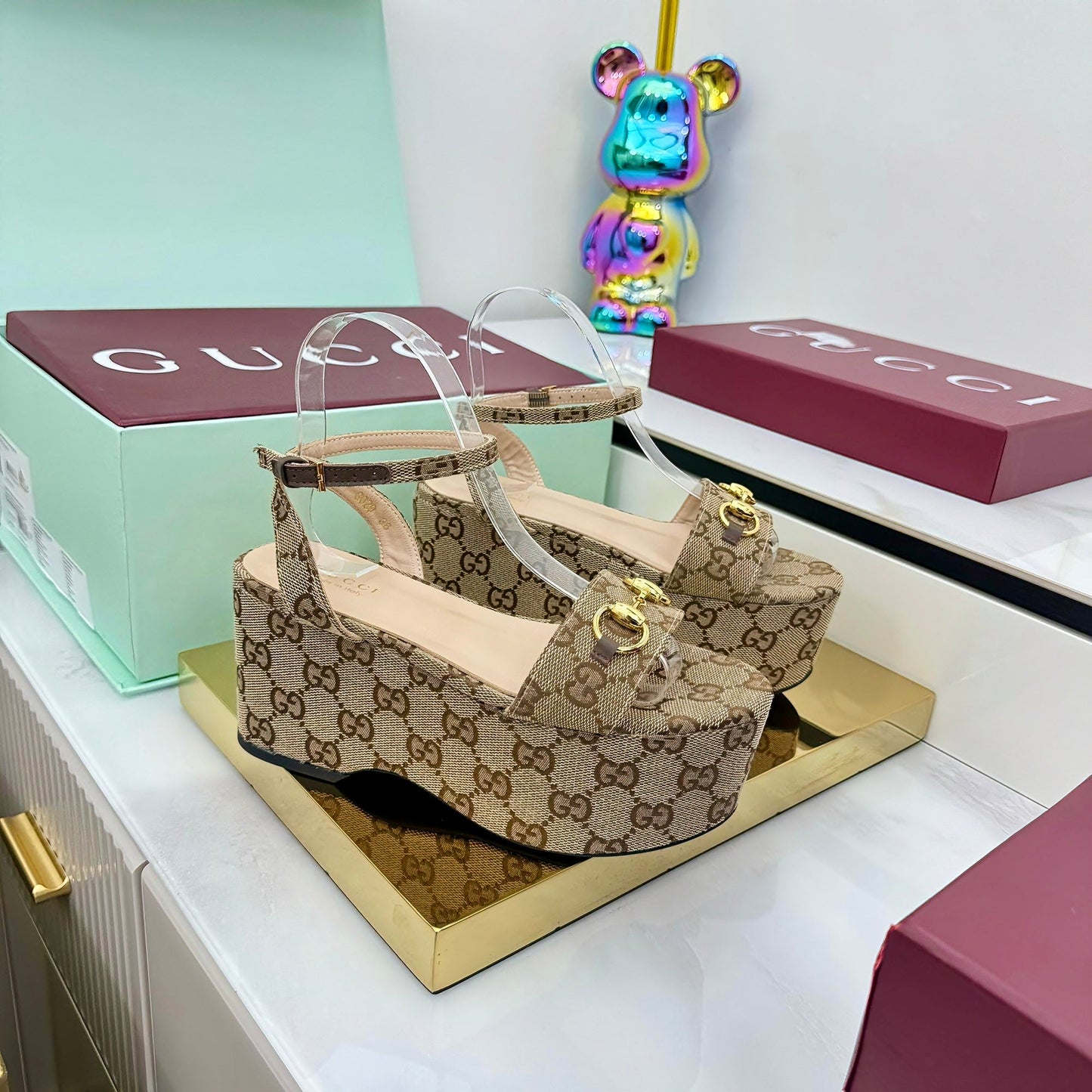 GG WEDGE HEELS IN DARK BEIGE FABRIC AND CALFSKIN WITH GOLD HARDWARE STYLE 3