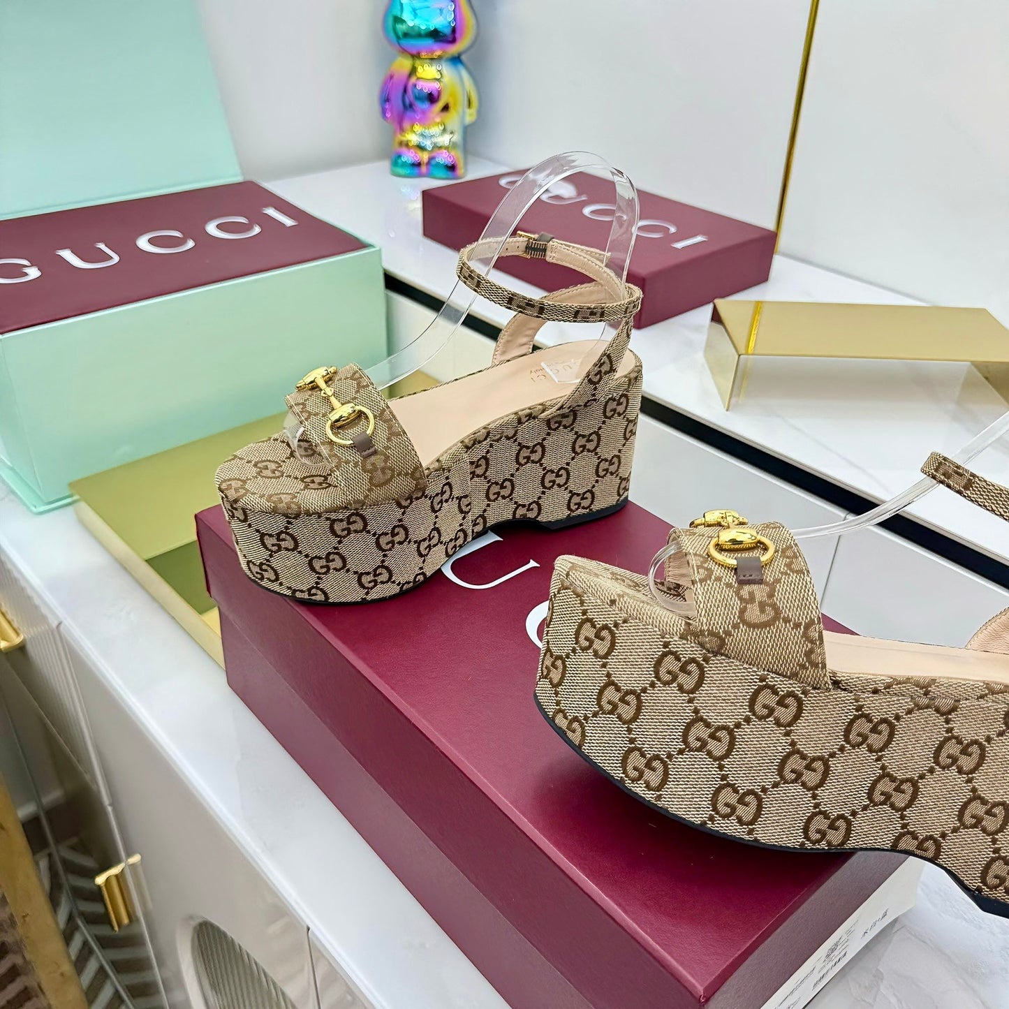 GG WEDGE HEELS IN DARK BEIGE FABRIC AND CALFSKIN WITH GOLD HARDWARE STYLE 3