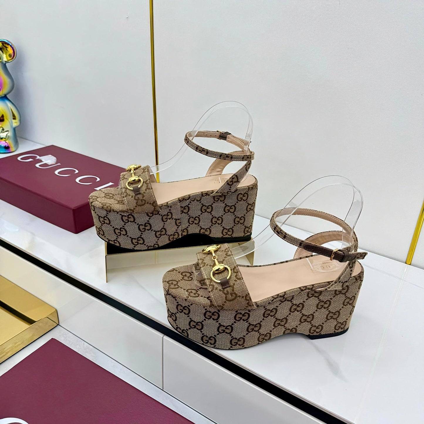 GG WEDGE HEELS IN DARK BEIGE FABRIC AND CALFSKIN WITH GOLD HARDWARE STYLE 3