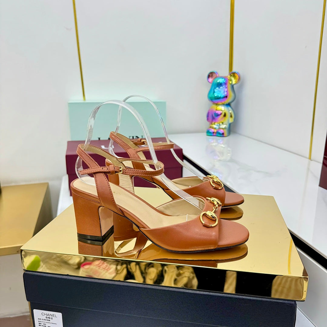 GG HEELED SANDALS 25S 65 MM IN BROWN LAMBSKIN WITH GOLD HARDWARE