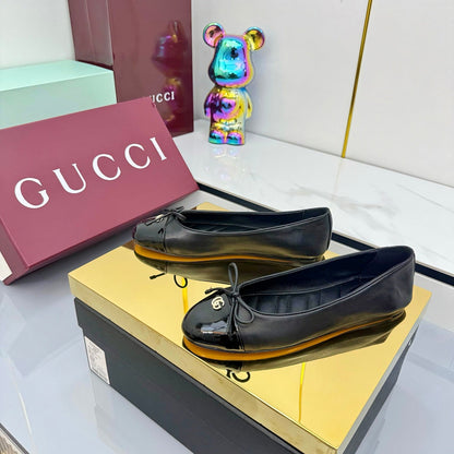 GG BALLET FLATS 25S IN BLACK LAMBSKIN MIX GLOSSY LEATHER WITH BOW