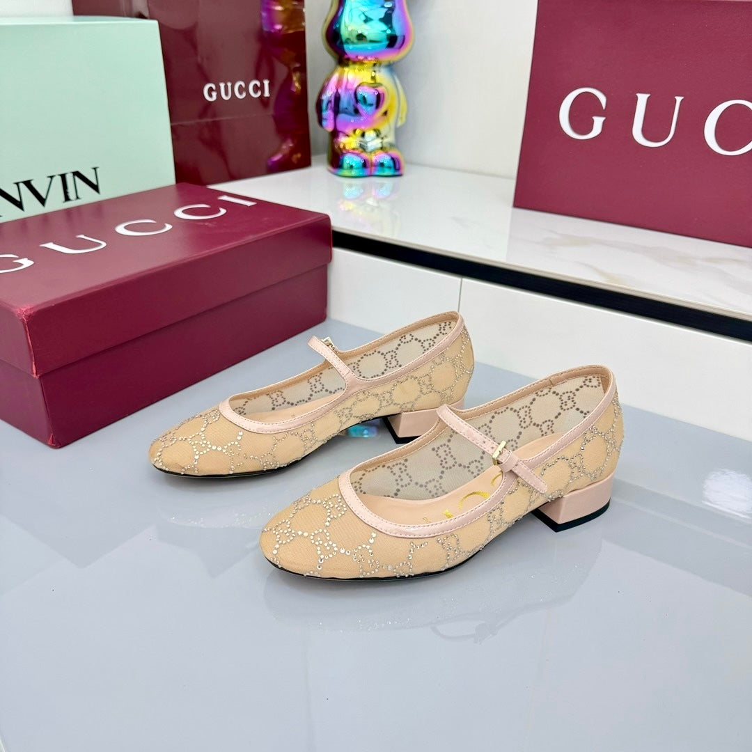 GG MARY JANE HEEL 25S 25 MM IN CAMEL BEIGE SEQUINED MESH FABRIC