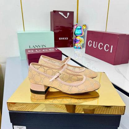 GG MARY JANE HEEL 25S 25 MM IN CAMEL BEIGE SEQUINED MESH FABRIC