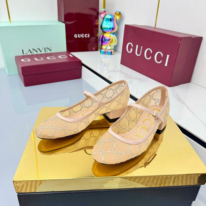 GG MARY JANE HEEL 25S 25 MM IN CAMEL BEIGE SEQUINED MESH FABRIC