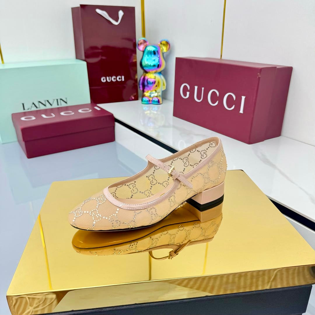GG MARY JANE HEEL 25S 25 MM IN CAMEL BEIGE SEQUINED MESH FABRIC