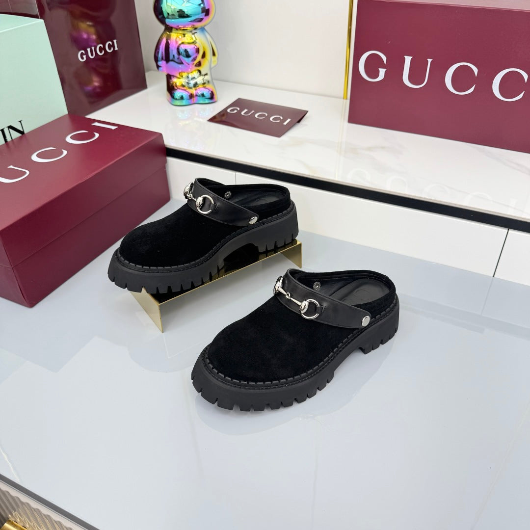GG PLATFORM MULES 25S IN BLACK SUEDE