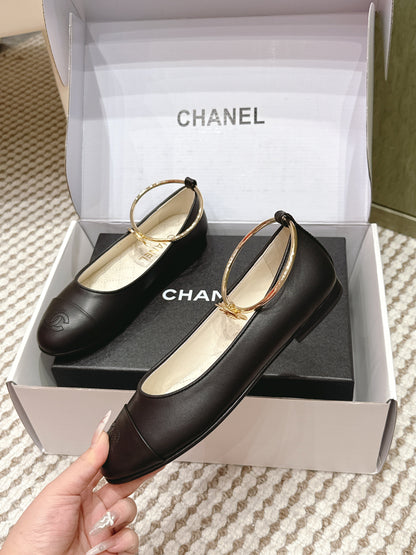 CHANEL 25S BALLERINA SHOES IN BLACK CALFSKIN GOLD HARDWARE