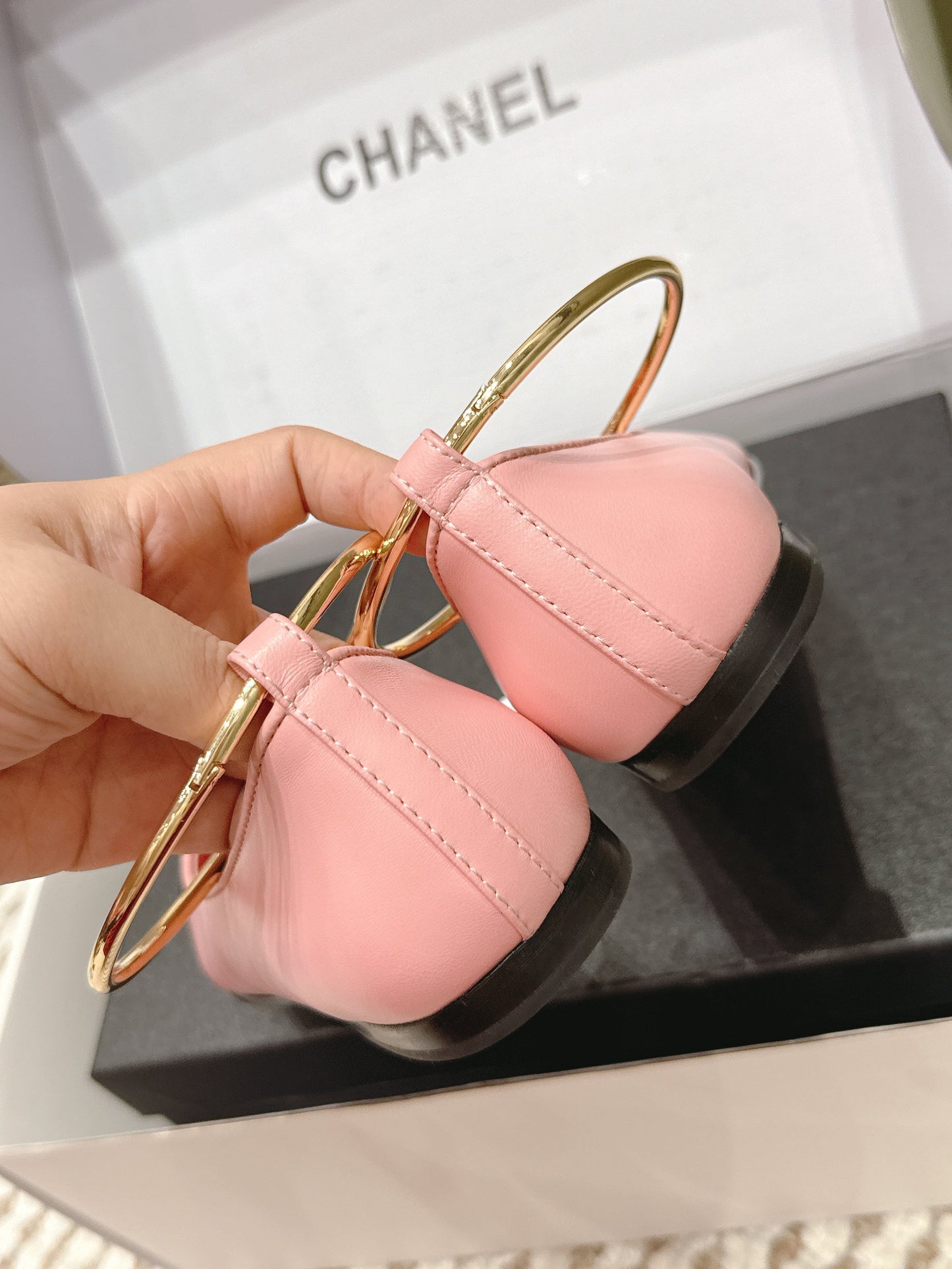 CHANEL 25S BALLERINA SHOES IN PINK AND BLACK CALFSKIN GOLD HARDWARE