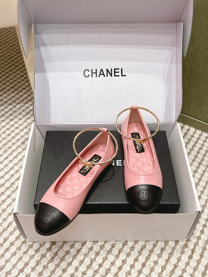 CHANEL 25S BALLERINA SHOES IN PINK AND BLACK CALFSKIN GOLD HARDWARE