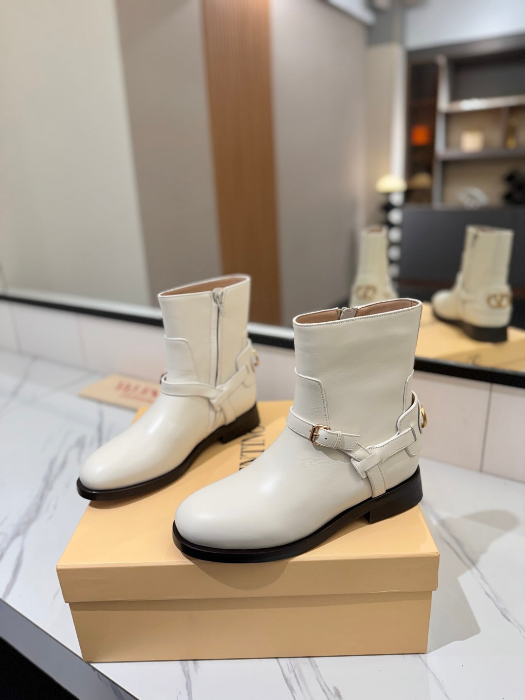 VALENTINO 25S PATTIE ANKLE BOOTS IN WHITE CALFSKIN WITH GOLD HARDWARE