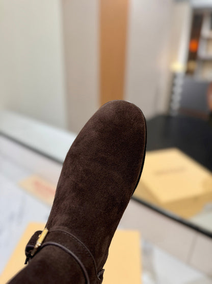 VALENTINO 25S PATTIE ANKLE BOOTS IN DARK BROWN SUEDE WITH GOLD HARDWARE