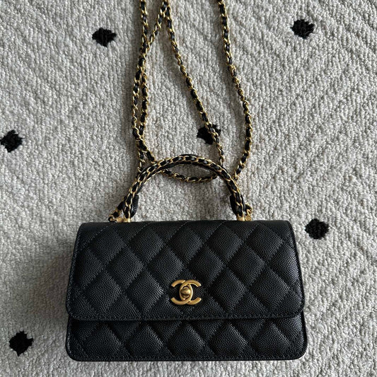 CHANEL 25S CLASSIC WALLET ON CHAIN 19 IN BLACK LAMBSKIN WITH GOLD HARDWARE