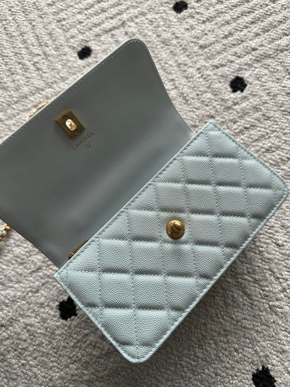 CHANEL 25S CLASSIC WALLET ON CHAIN 19 IN MINT GREEN PASTEL LAMBSKIN WITH GOLD HARDWARE