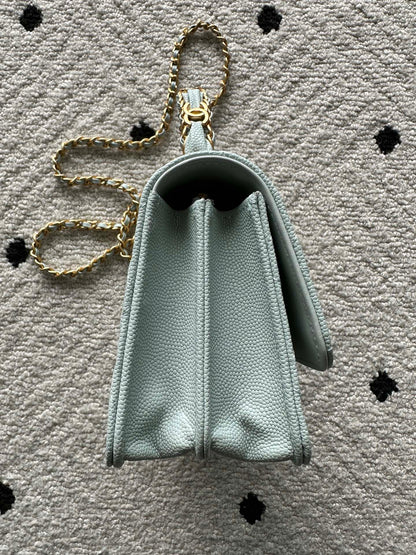 CHANEL 25S CLASSIC WALLET ON CHAIN 19 IN MINT GREEN PASTEL LAMBSKIN WITH GOLD HARDWARE