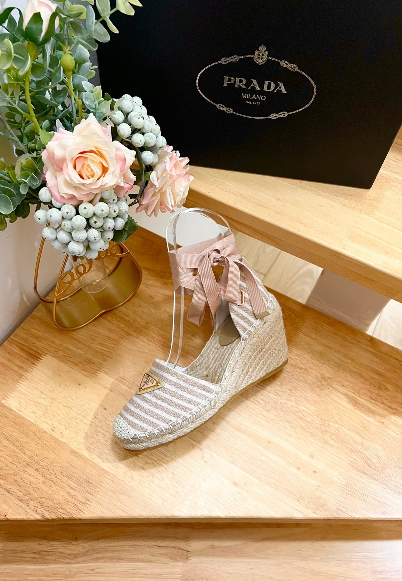 PRA STRIPE ESPADRILLE WEDGE SANDAL PASTEL PINK FABRIC