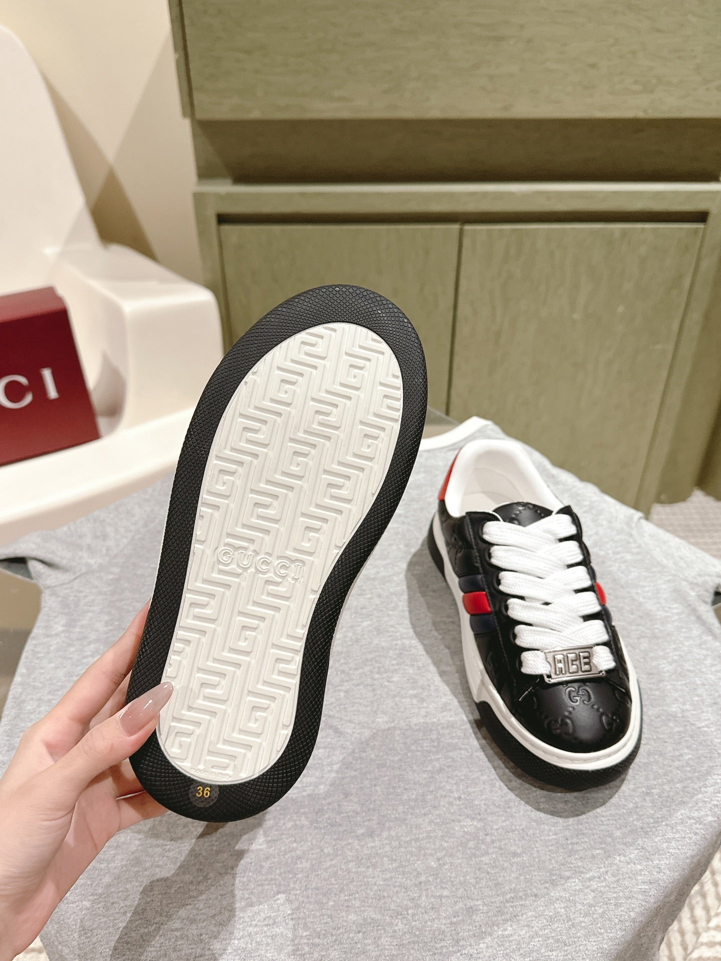 GG ACE SNEAKER WITH WEB IN BLACK EMBOSSED CALFSKIN