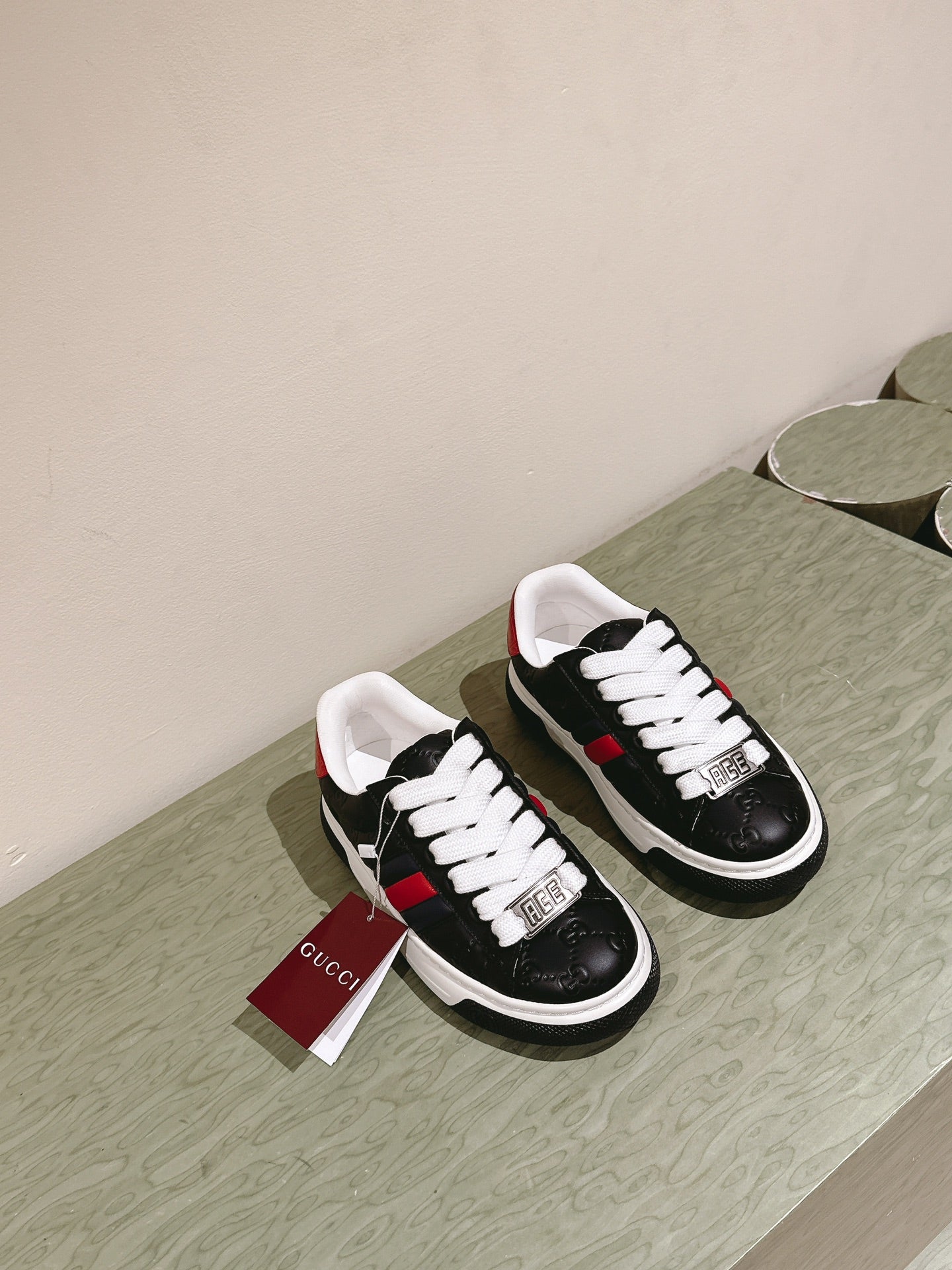 GG ACE SNEAKER WITH WEB IN BLACK EMBOSSED CALFSKIN