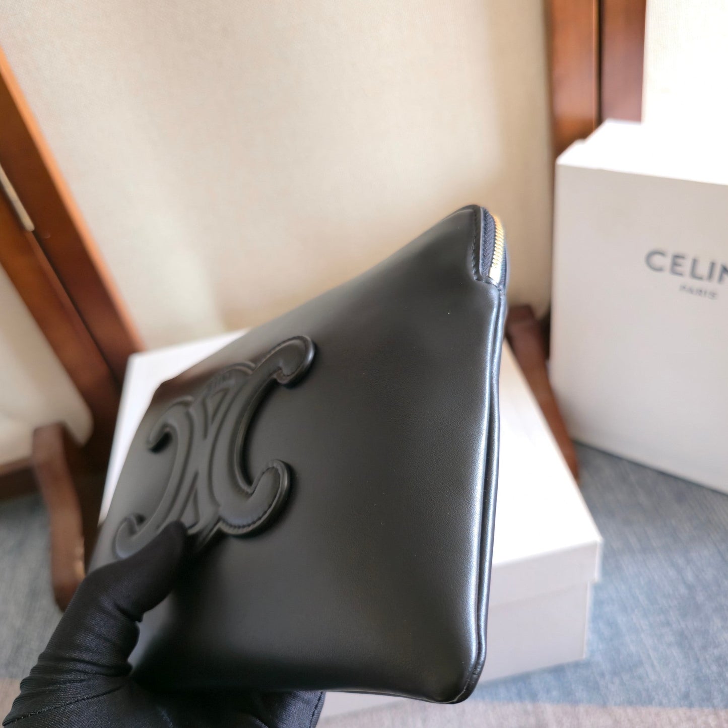 CELINE 25S HANDBAG 24MM IN BLACK GLOSSY CALFSKIN