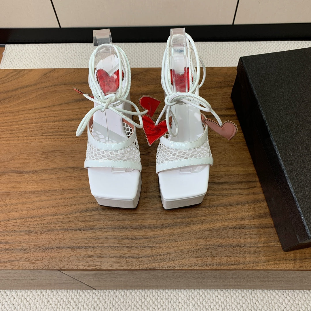 ALAIA BANQUET WEDGE SANDALS IN WHITE LAMBSKIN WITH RED HEART