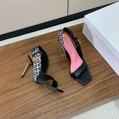 BALMAIN 25S JACQUARD KNIT SLINGBACK PUMPS 95MM IN BLACK AND PINK CALFSKIN