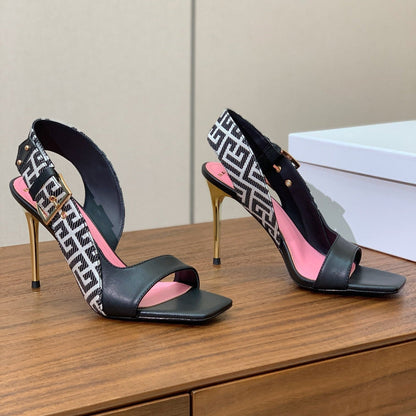 BALMAIN 25S JACQUARD KNIT SLINGBACK PUMPS 95MM IN BLACK AND PINK CALFSKIN