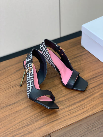 BALMAIN 25S JACQUARD KNIT SLINGBACK PUMPS 95MM IN BLACK AND PINK CALFSKIN