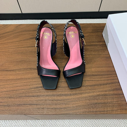 BALMAIN 25S JACQUARD KNIT SLINGBACK PUMPS 95MM IN BLACK AND PINK CALFSKIN
