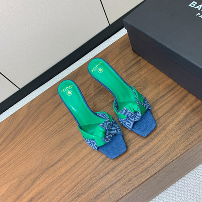 BALMAIN 25S HIGH HEEL MULES 95MM IN EMERALD GREEN DENIM AND CALFSKIN