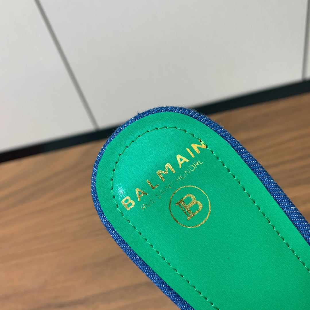 BALMAIN 25S HIGH HEEL MULES 95MM IN EMERALD GREEN DENIM AND CALFSKIN