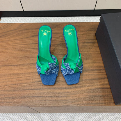 BALMAIN 25S HIGH HEEL MULES 95MM IN EMERALD GREEN DENIM AND CALFSKIN