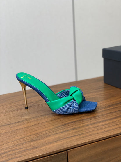 BALMAIN 25S HIGH HEEL MULES 95MM IN EMERALD GREEN DENIM AND CALFSKIN