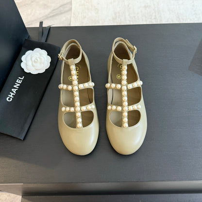 MARY JANES SHOES ECRU BEIGE GOATSKIN WITH FAUX PEARL