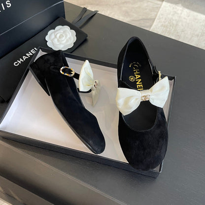 BALLET FLAT BLACK SUEDE LAMBSKIN WITH WHITE BOW