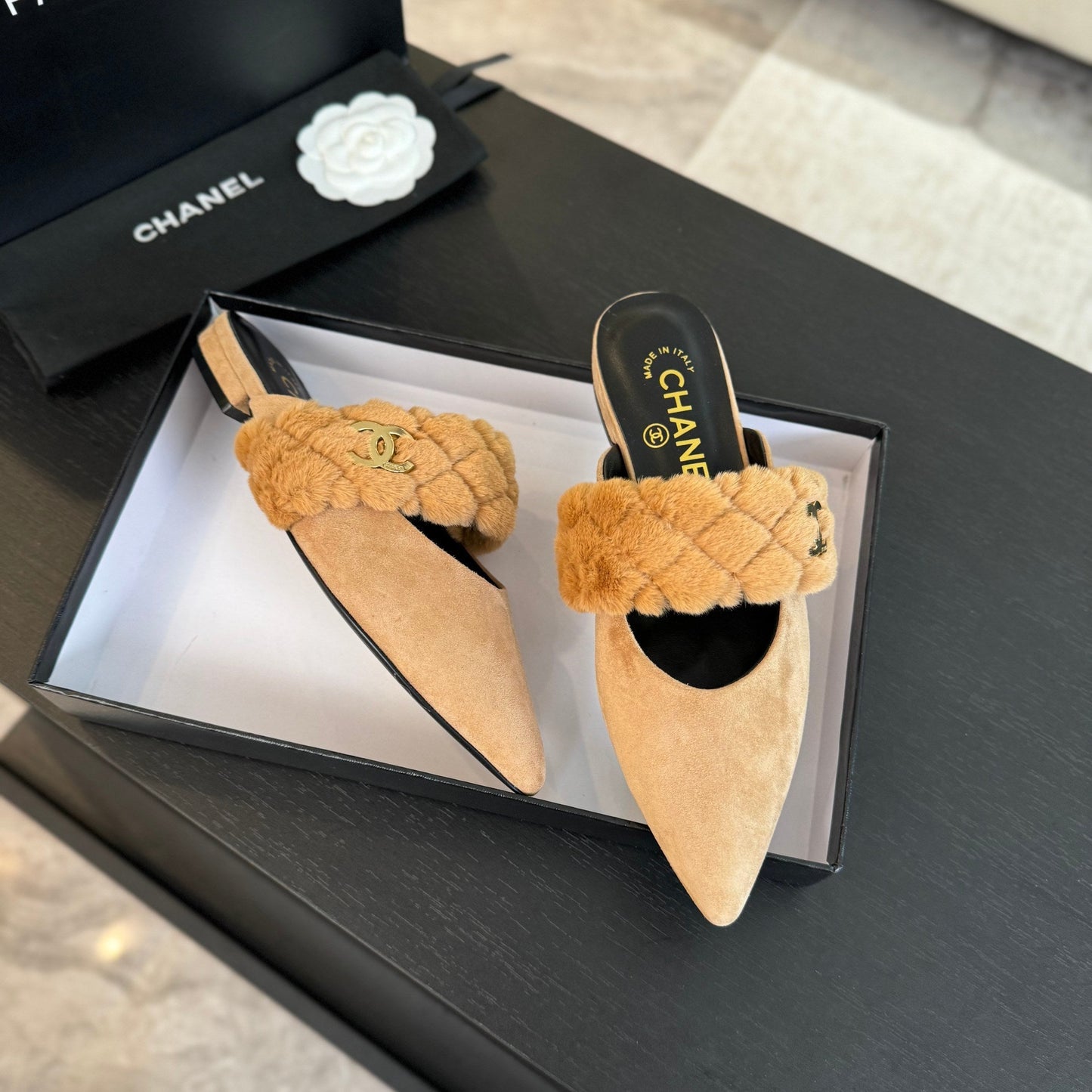 CC MULE IN SEPIA BEIGE SMOOTH FLEECE WITH GOLD HARDWARE