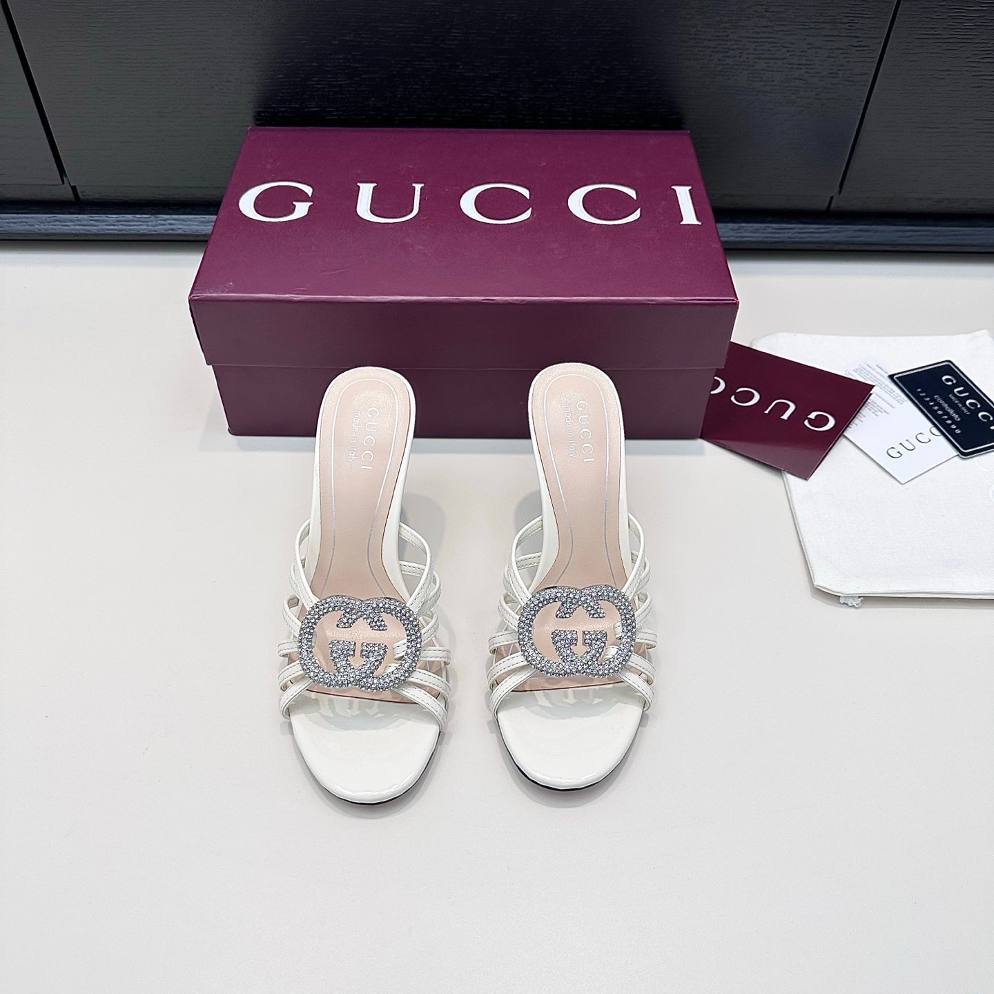 GUCCI 26S HEELED SANDALS 85 MM IN WHITE CALFSKIN WITH CRYSTAL