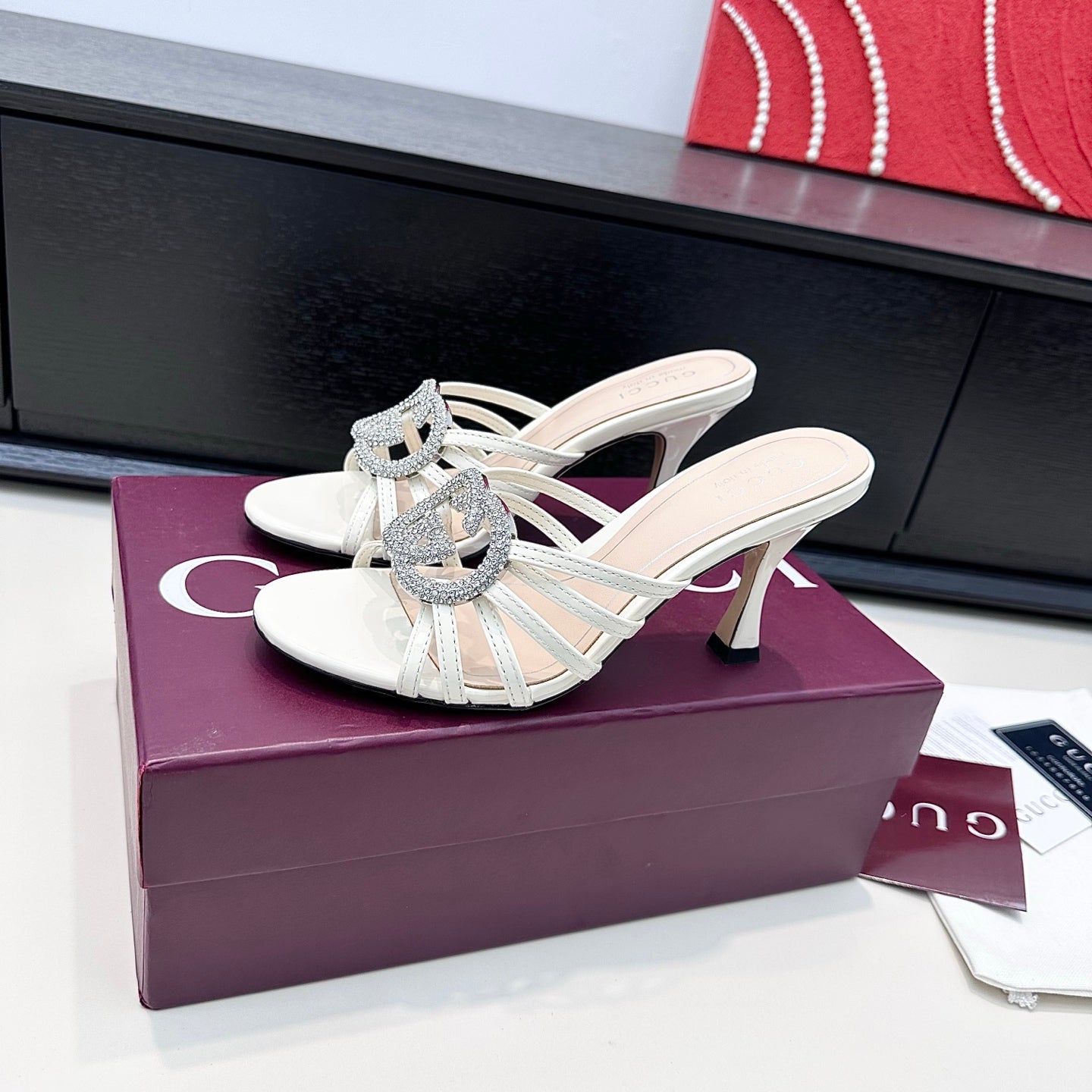 GUCCI 26S HEELED SANDALS 85 MM IN WHITE CALFSKIN WITH CRYSTAL