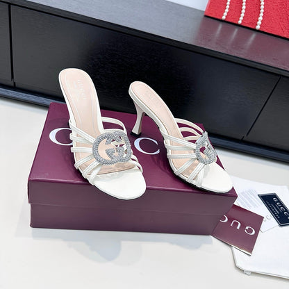 GUCCI 26S HEELED SANDALS 85 MM IN WHITE CALFSKIN WITH CRYSTAL