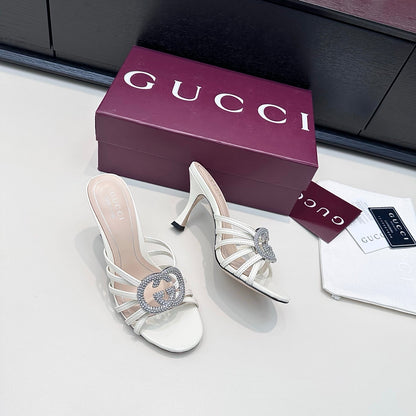 GUCCI 26S HEELED SANDALS 85 MM IN WHITE CALFSKIN WITH CRYSTAL