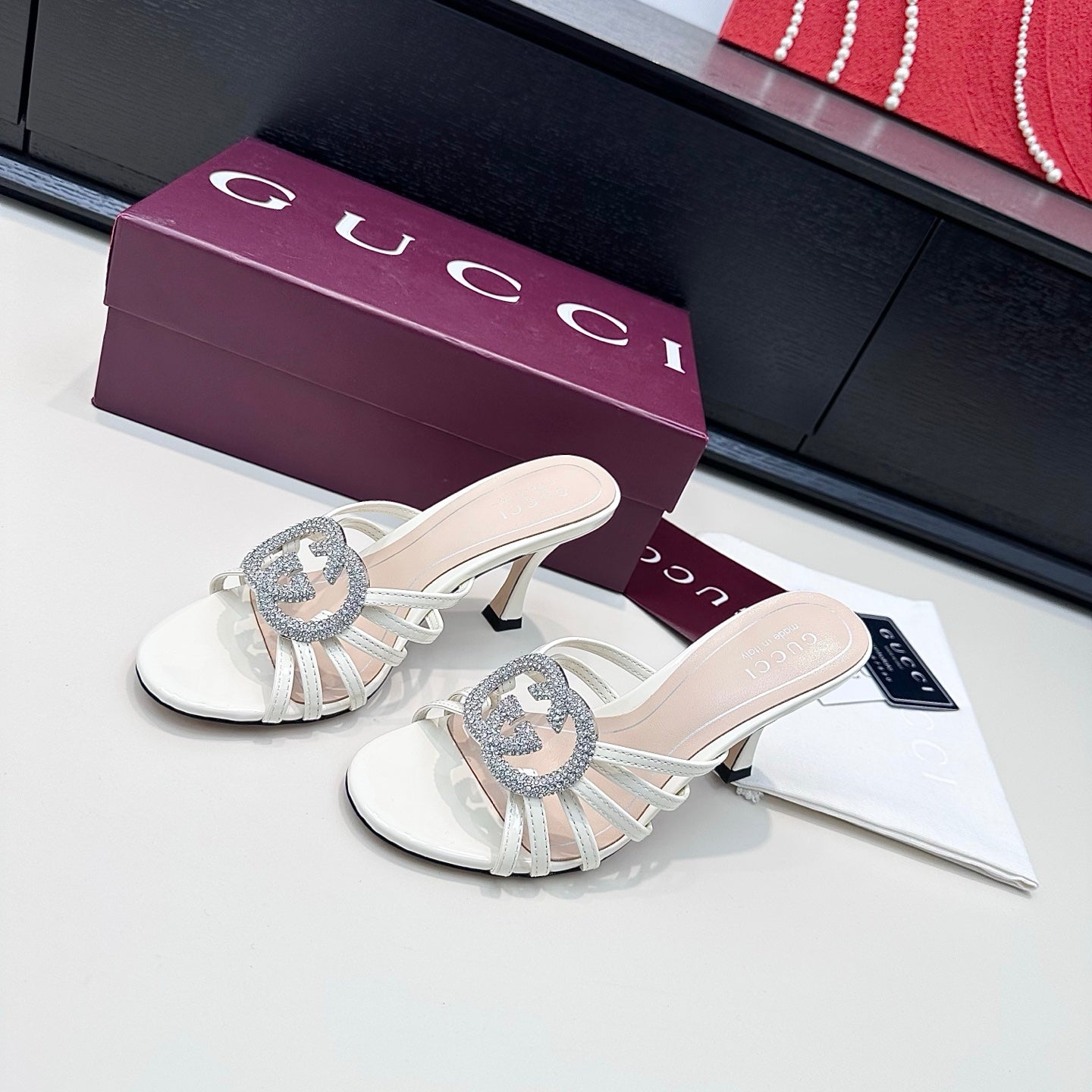 GUCCI 26S HEELED SANDALS 85 MM IN WHITE CALFSKIN WITH CRYSTAL