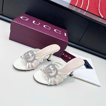 GUCCI 26S HEELED SANDALS 85 MM IN WHITE CALFSKIN WITH CRYSTAL