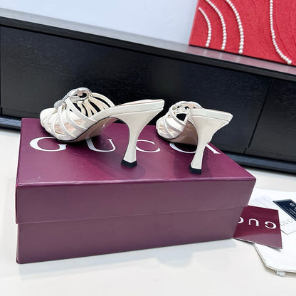 GUCCI 26S HEELED SANDALS 85 MM IN WHITE CALFSKIN WITH CRYSTAL