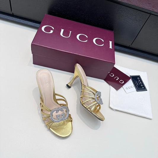 GUCCI 26S HEELED SANDALS 85 MM IN GOLD CALFSKIN WITH CRYSTAL
