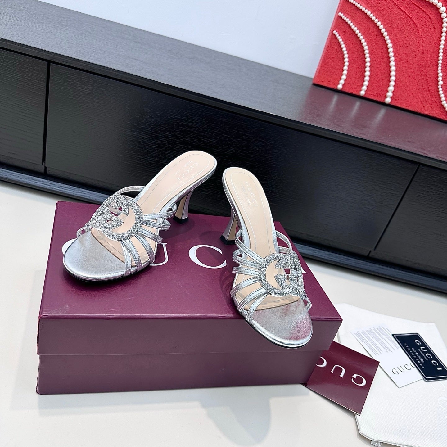 GUCCI 26S HEELED SANDALS 85 MM IN SILVER CALFSKIN WITH CRYSTAL