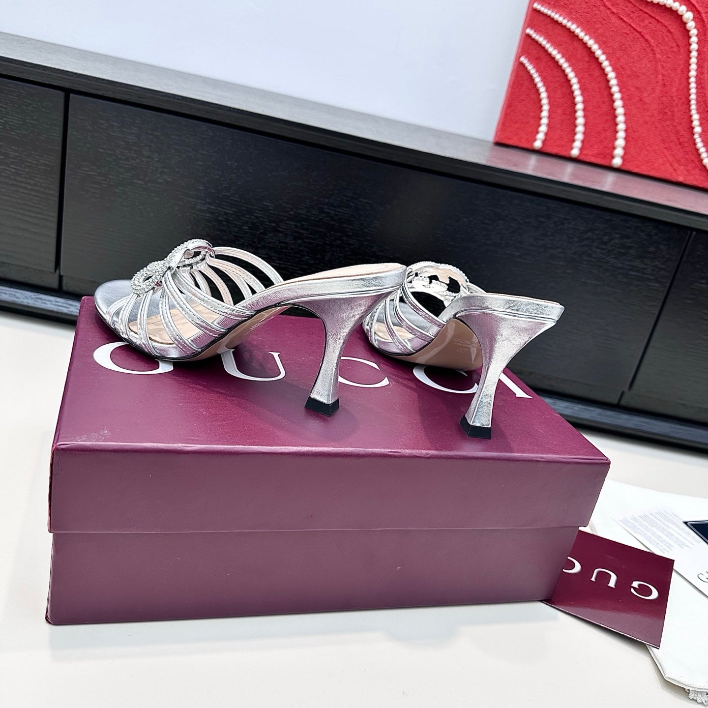 GUCCI 26S HEELED SANDALS 85 MM IN SILVER CALFSKIN WITH CRYSTAL