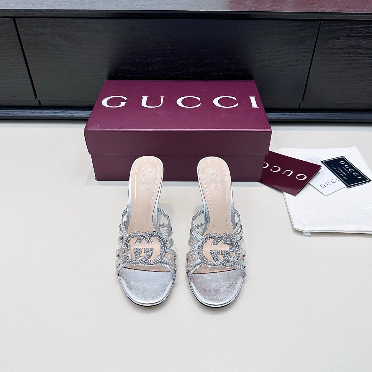 GUCCI 26S HEELED SANDALS 85 MM IN SILVER CALFSKIN WITH CRYSTAL
