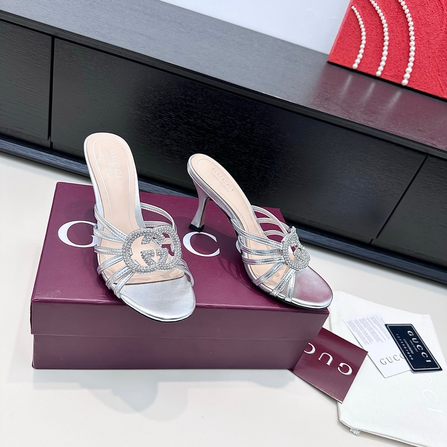 GUCCI 26S HEELED SANDALS 85 MM IN SILVER CALFSKIN WITH CRYSTAL