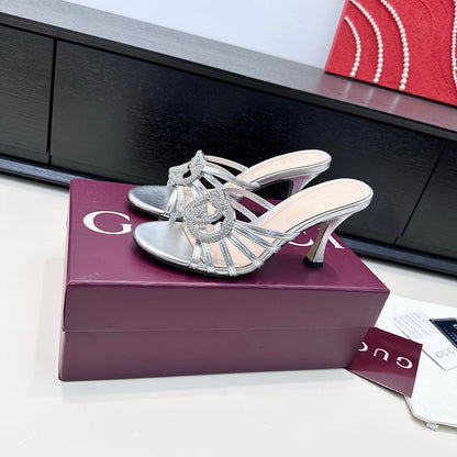 GUCCI 26S HEELED SANDALS 85 MM IN SILVER CALFSKIN WITH CRYSTAL